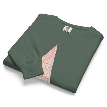 Pink Pine™ sweatshirt by Blossombless.co in Blue Spruce, folded to show the heavyweight fleece and the painted pink tree graphic