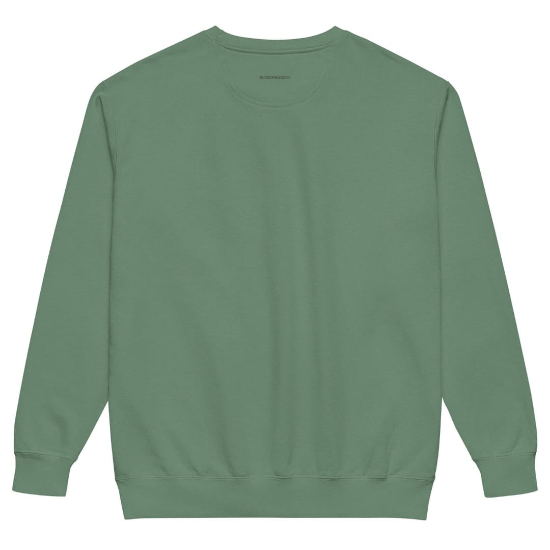 Star of the Season™ sweatshirt by Blossombless.co in Light Green, back view with BLOSSOMBLESS.CO printed below the neckline