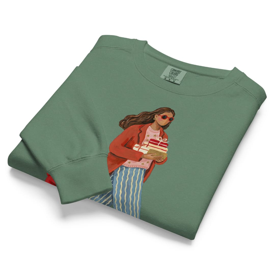 Wrapped & Running™ sweatshirt by Blossombless.co in Light Green, folded to show the heavyweight fleece and the painterly mom and child graphic