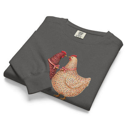 Belle & Plume™ sweatshirt by Blossombless.co in Pepper, folded to show the heavyweight fleece and the two French hens graphic