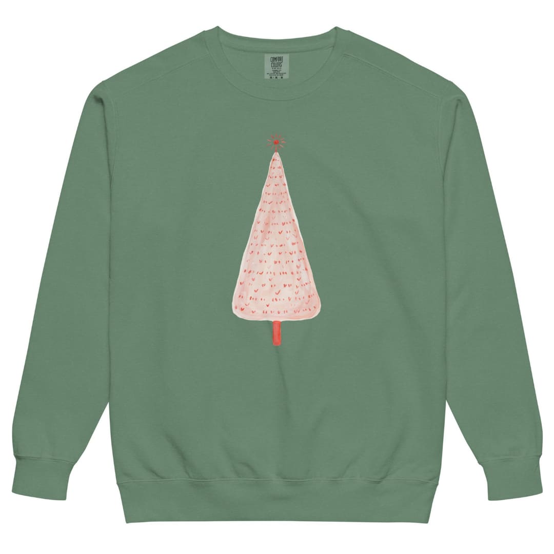Pink Pine™ sweatshirt by Blossombless.co in Light Green, front view: a slim blush-pink Christmas tree with a painterly texture, tiny red marks and a small red star