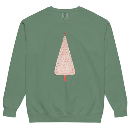 Pink Pine™ sweatshirt by Blossombless.co in Light Green, front view: a slim blush-pink Christmas tree with a painterly texture, tiny red marks and a small red star