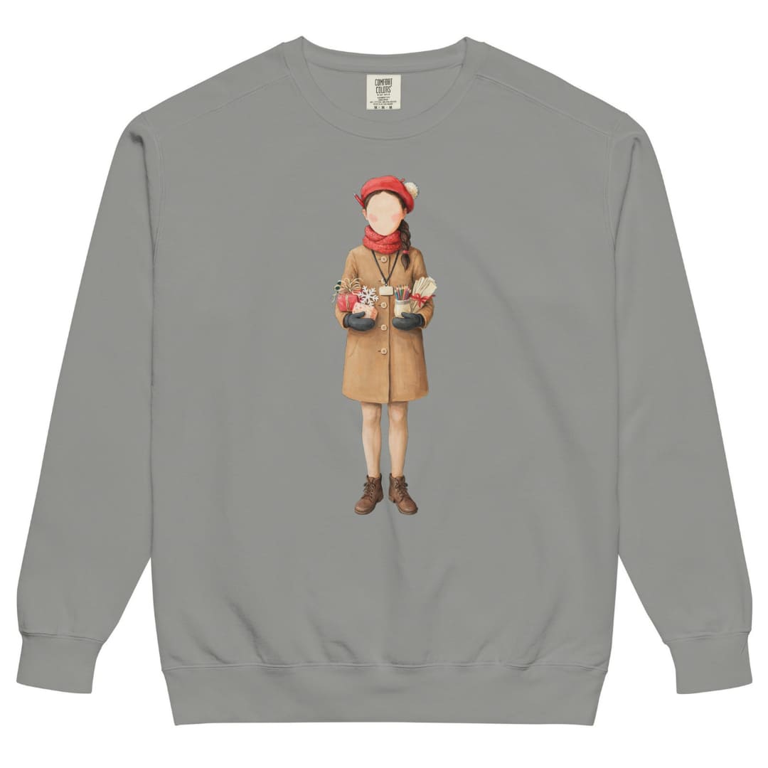 Last Bell Before Break™ sweatshirt by Blossombless.co in Grey, front view: a painterly teacher in a camel coat and red beret, arms full of her students' handmade gifts