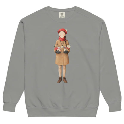 Last Bell Before Break™ sweatshirt by Blossombless.co in Grey, front view: a painterly teacher in a camel coat and red beret, arms full of her students' handmade gifts