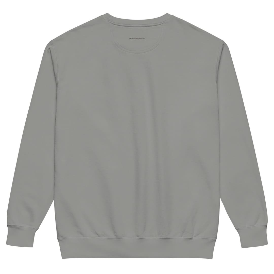 Charted With Love™ sweatshirt by Blossombless.co in Grey, back view: plain back with a small BLOSSOMBLESS.CO print at the neck