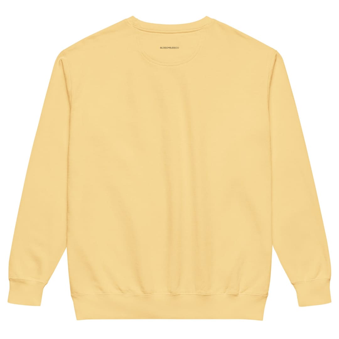 Pieced Together™ sweatshirt by Blossombless.co in Butter, back view: plain back with a small BLOSSOMBLESS.CO print at the neck