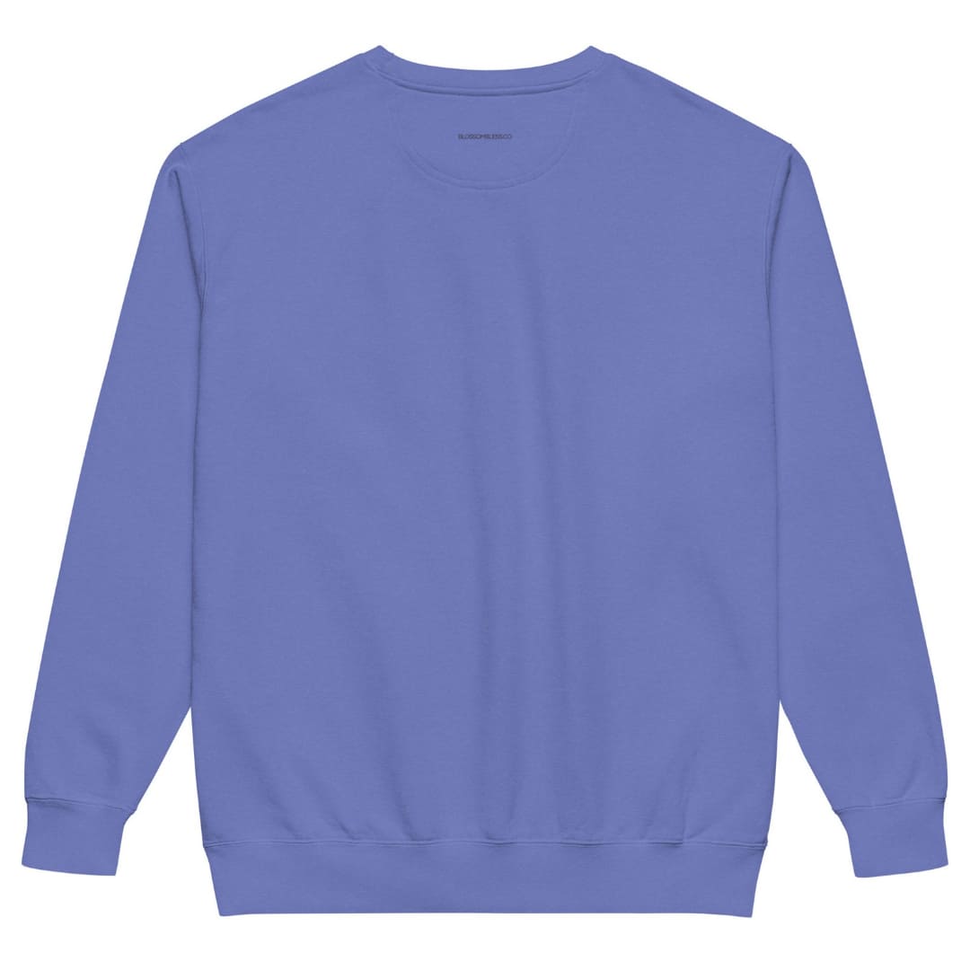 Wrapped & Running™ sweatshirt by Blossombless.co in Flo Blue, back view: plain back with a small BLOSSOMBLESS.CO print at the neck