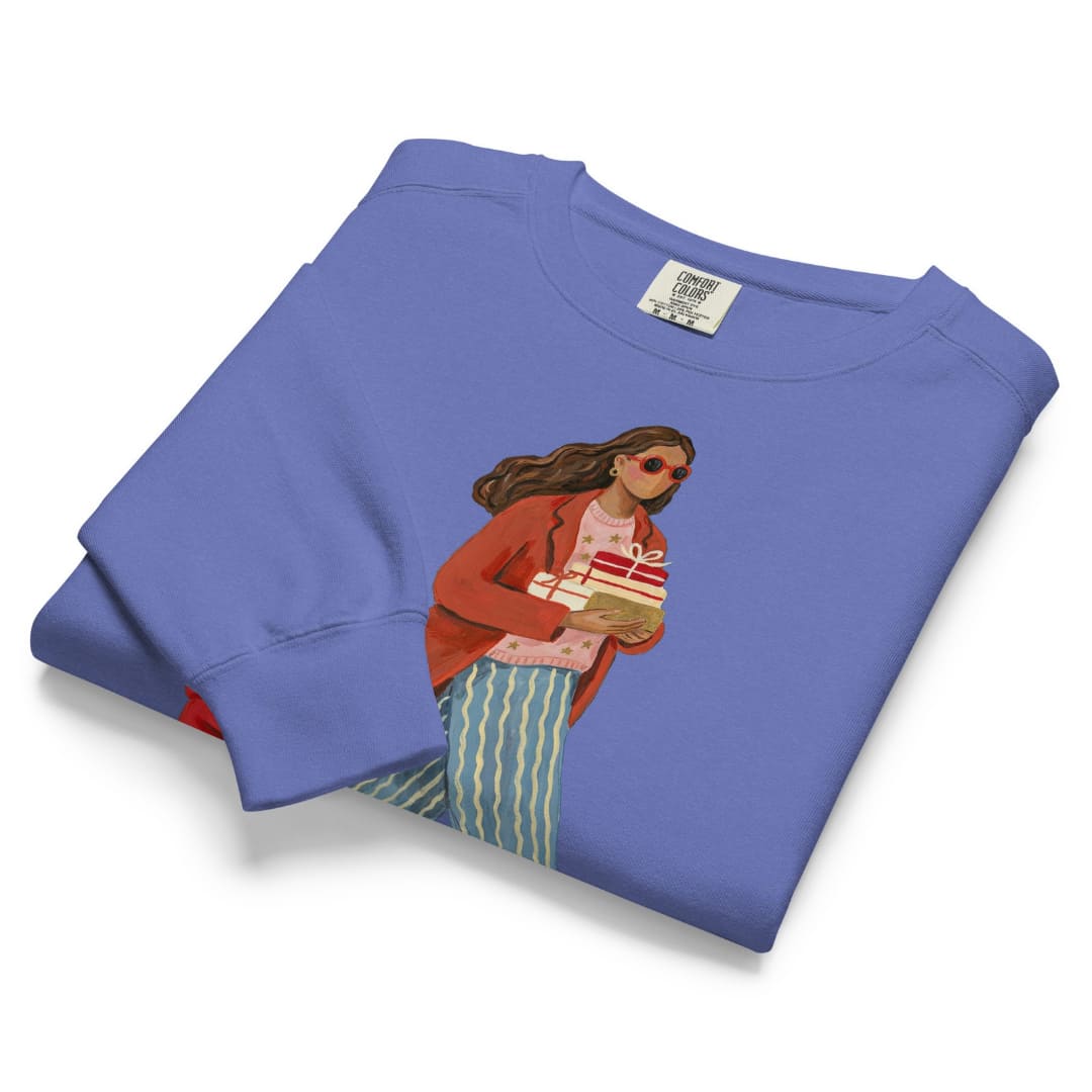 Wrapped & Running™ sweatshirt by Blossombless.co in Flo Blue, folded to show the heavyweight fleece and the painterly mom and child graphic
