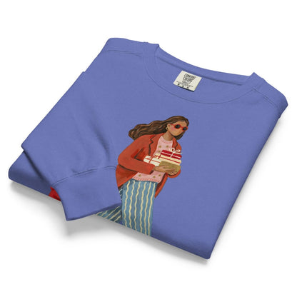 Wrapped & Running™ sweatshirt by Blossombless.co in Flo Blue, folded to show the heavyweight fleece and the painterly mom and child graphic