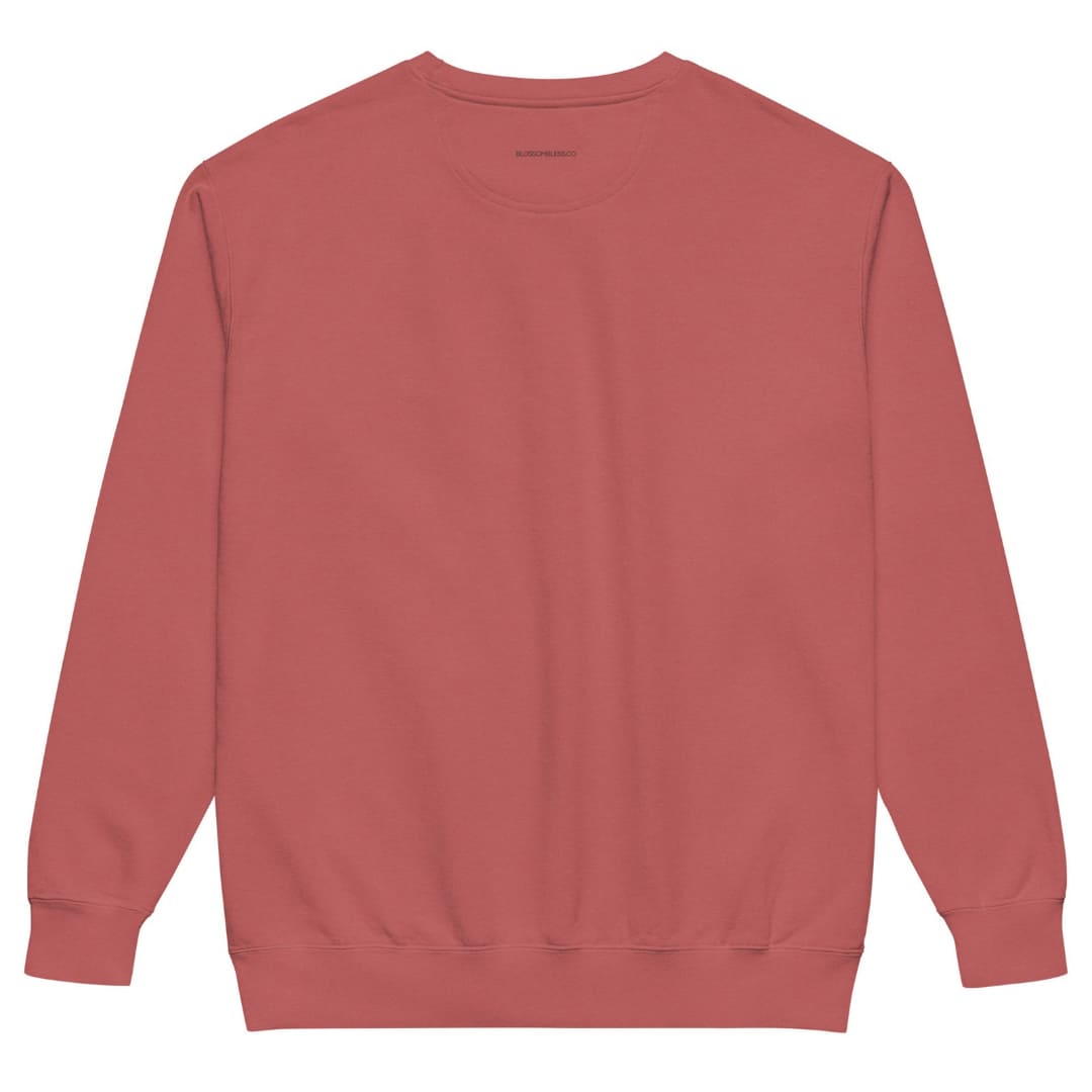 Star of the Season™ sweatshirt by Blossombless.co in Crimson, back view with BLOSSOMBLESS.CO printed below the neckline
