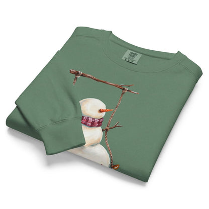 Swing Season™ sweatshirt by Blossombless.co in Light Green, folded to show the heavyweight fleece and the snowman swing graphic
