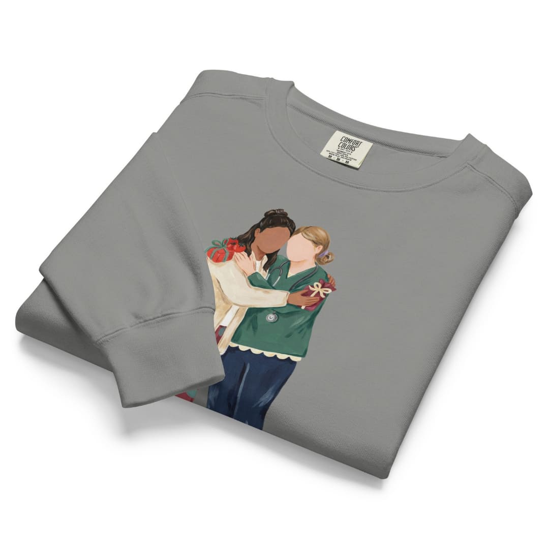 Charted With Love™ sweatshirt by Blossombless.co in Grey, folded to show the heavyweight fleece and the painterly nurse friends graphic
