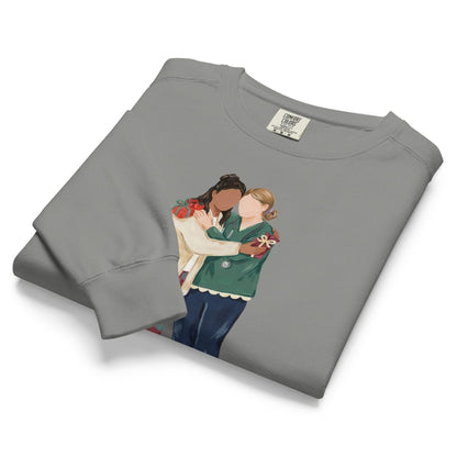 Charted With Love™ sweatshirt by Blossombless.co in Grey, folded to show the heavyweight fleece and the painterly nurse friends graphic