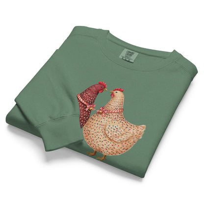 Belle & Plume™ sweatshirt by Blossombless.co in Light Green, folded to show the heavyweight fleece and the two French hens graphic