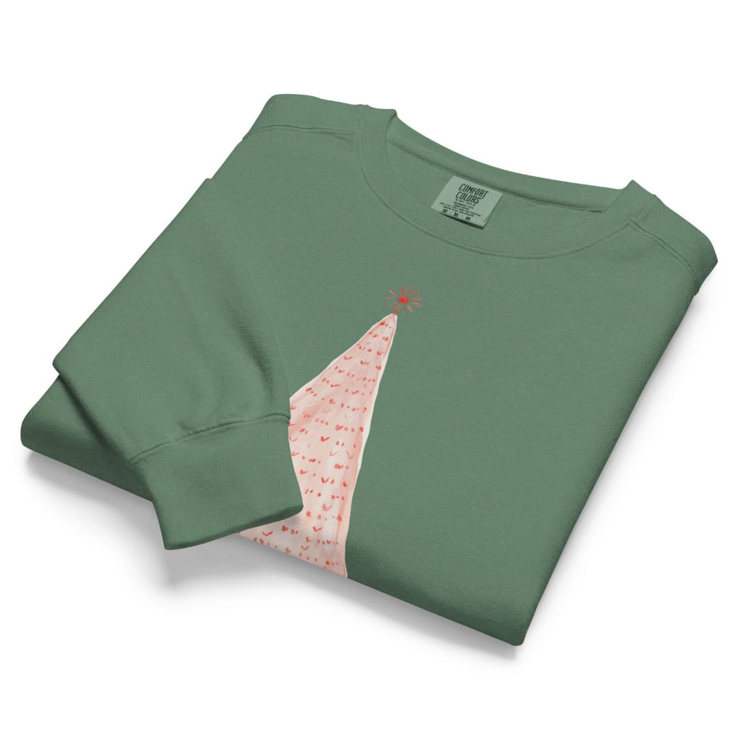 Pink Pine™ sweatshirt by Blossombless.co in Light Green, folded to show the heavyweight fleece and the painted pink tree graphic
