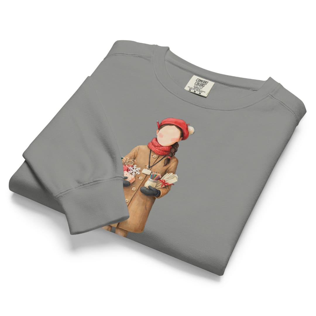 Last Bell Before Break™ sweatshirt by Blossombless.co in Grey, folded to show the heavyweight fleece and the painterly teacher graphic