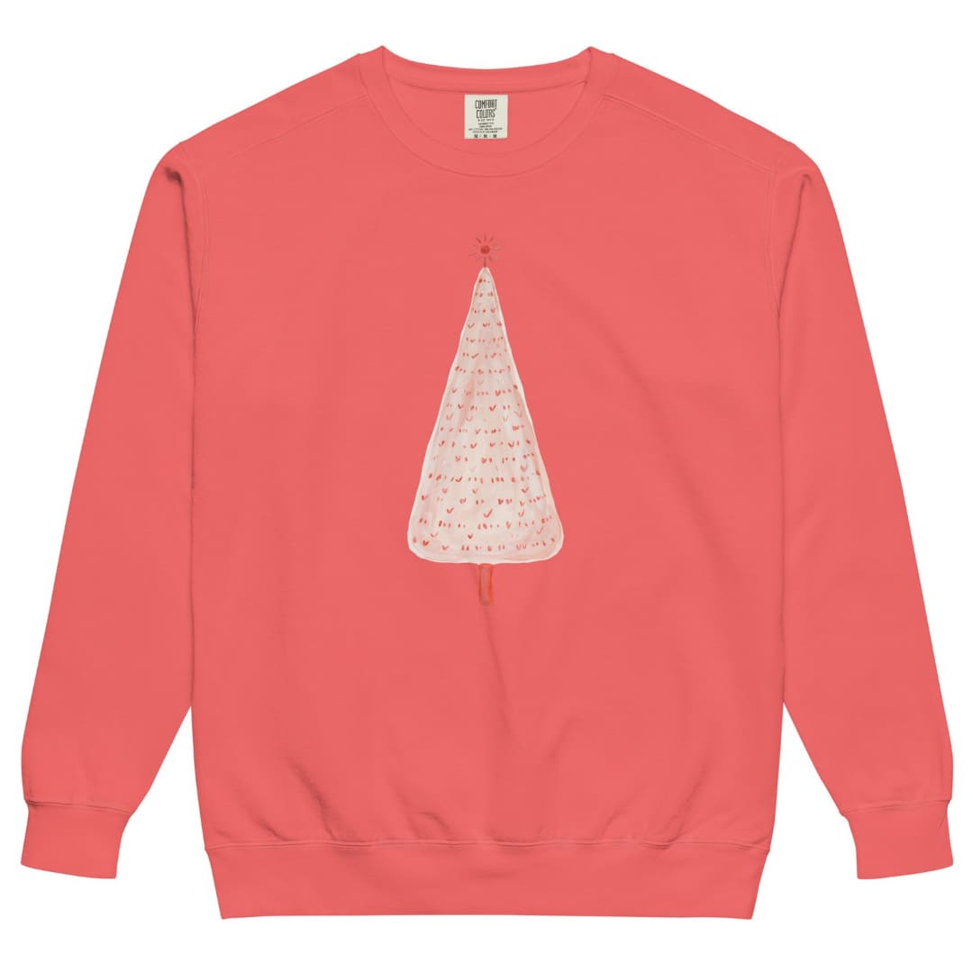 Pink Pine™ sweatshirt by Blossombless.co in Watermelon, front view: a slim blush-pink Christmas tree with a painterly texture, tiny red marks and a small red star