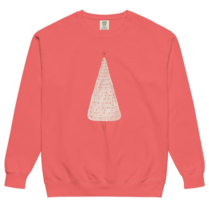 Pink Pine™ sweatshirt by Blossombless.co in Watermelon, front view: a slim blush-pink Christmas tree with a painterly texture, tiny red marks and a small red star