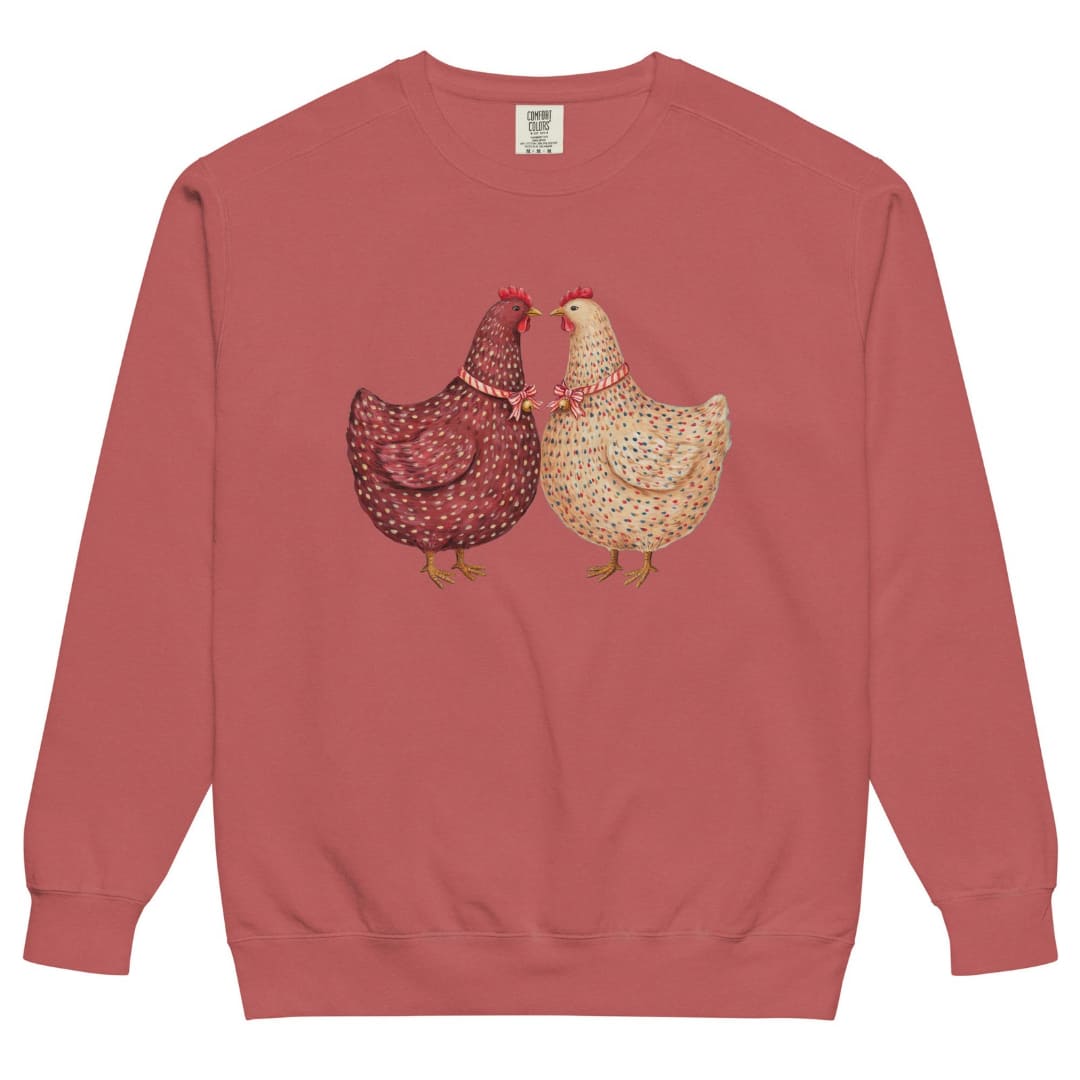 Belle & Plume™ sweatshirt by Blossombless.co in Crimson, front view: two painterly French hens, one burgundy and one cream, beak to beak with striped ribbon bows and tiny gold bells