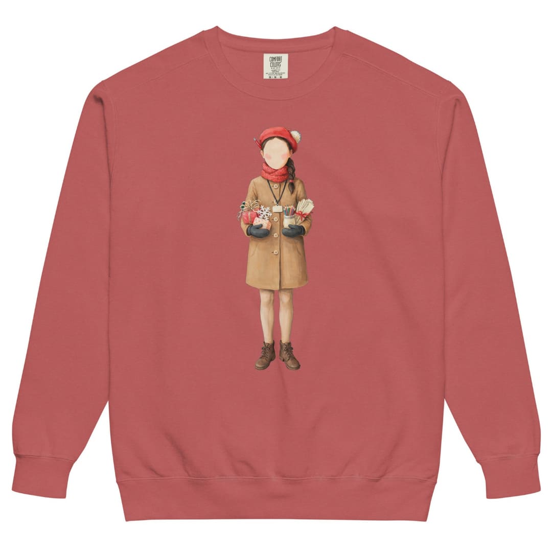 Last Bell Before Break™ sweatshirt by Blossombless.co in Crimson, front view: a painterly teacher in a camel coat and red beret, arms full of her students' handmade gifts
