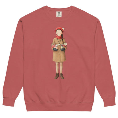 Last Bell Before Break™ sweatshirt by Blossombless.co in Crimson, front view: a painterly teacher in a camel coat and red beret, arms full of her students' handmade gifts