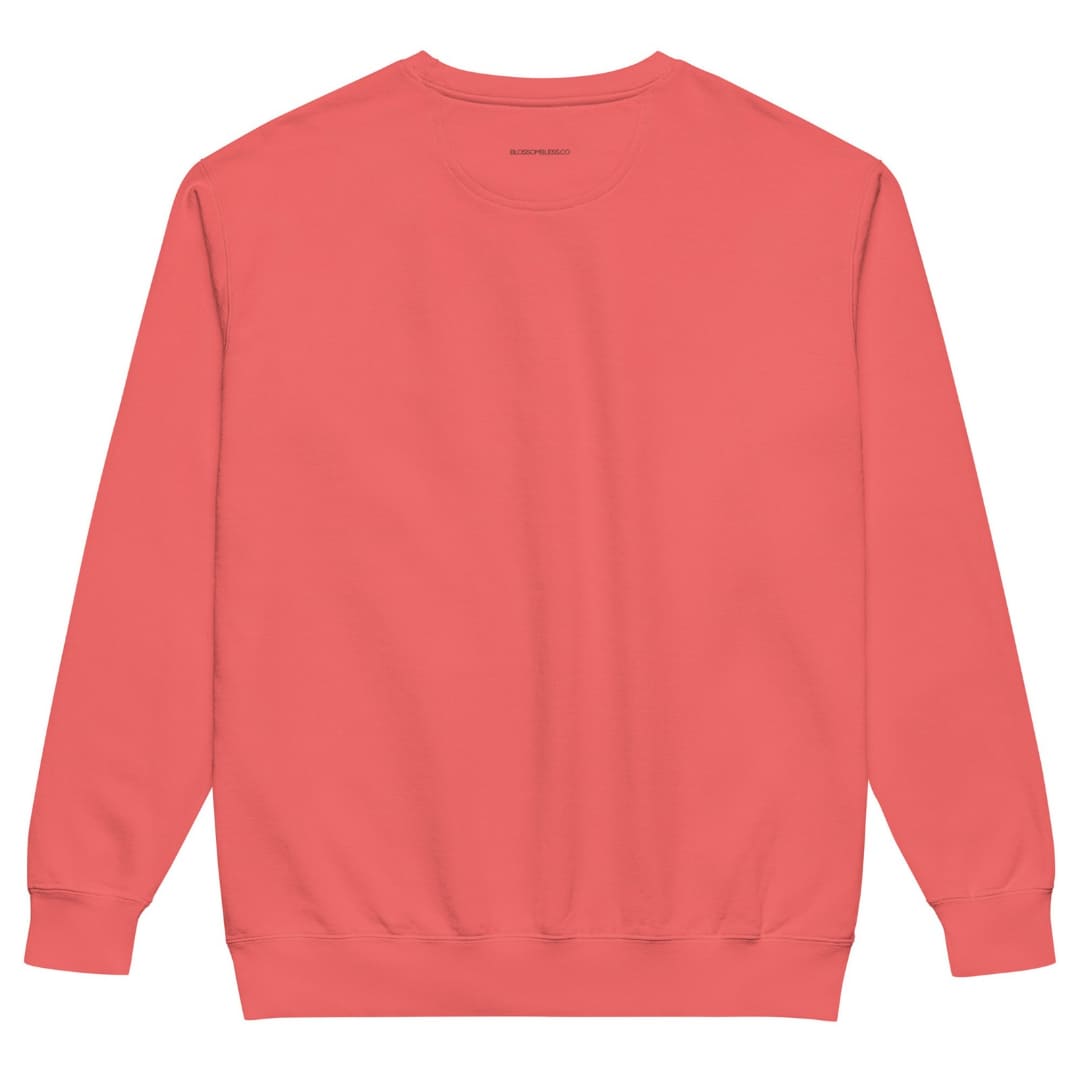 Pink Pine™ sweatshirt by Blossombless.co in Watermelon, back view: plain back with a small BLOSSOMBLESS.CO print at the neck