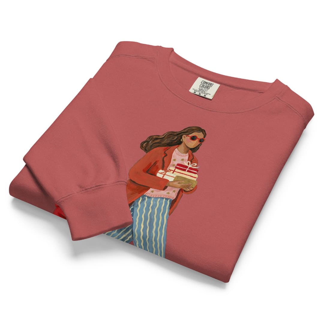Wrapped & Running™ sweatshirt by Blossombless.co in Crimson, folded to show the heavyweight fleece and the painterly mom and child graphic