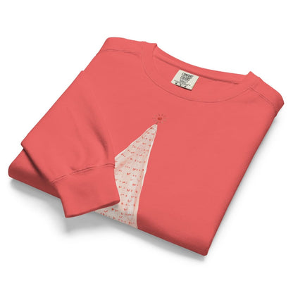 Pink Pine™ sweatshirt by Blossombless.co in Watermelon, folded to show the heavyweight fleece and the painted pink tree graphic