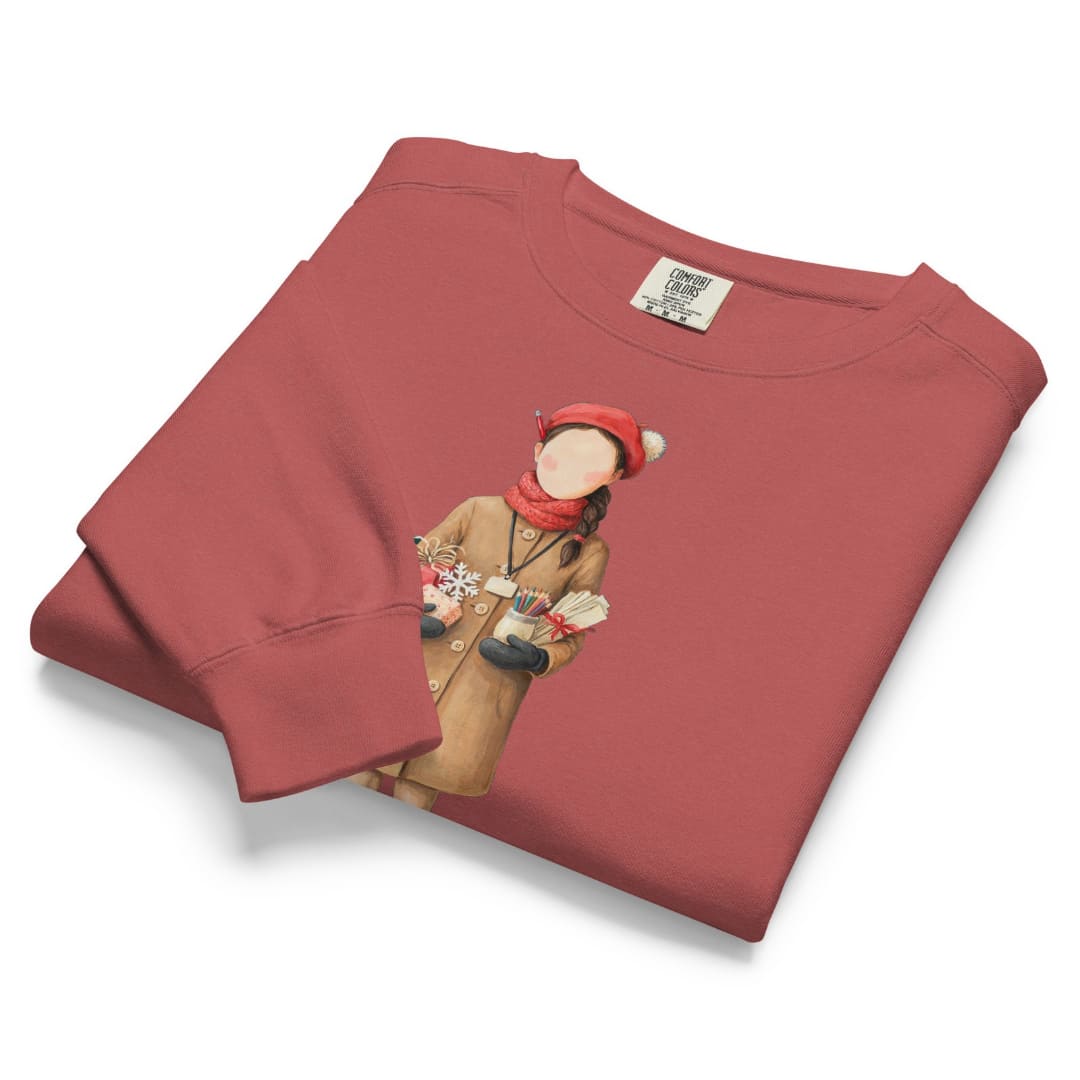 Last Bell Before Break™ sweatshirt by Blossombless.co in Crimson, folded to show the heavyweight fleece and the painterly teacher graphic
