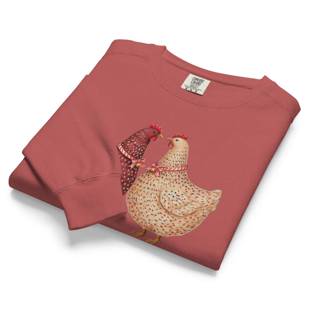 Belle & Plume™ sweatshirt by Blossombless.co in Crimson, folded to show the heavyweight fleece and the two French hens graphic