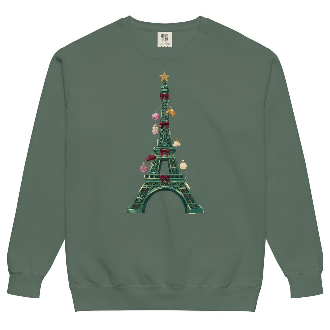 Tour de Noël™ Eiffel Tower Christmas sweatshirt in Blue Spruce, front view, painterly tower with Paris ornaments on a Comfort Colors 1566 crewneck