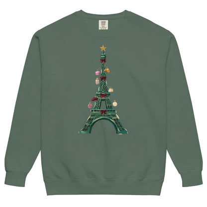 Tour de Noël™ Eiffel Tower Christmas sweatshirt in Blue Spruce, front view, painterly tower with Paris ornaments on a Comfort Colors 1566 crewneck