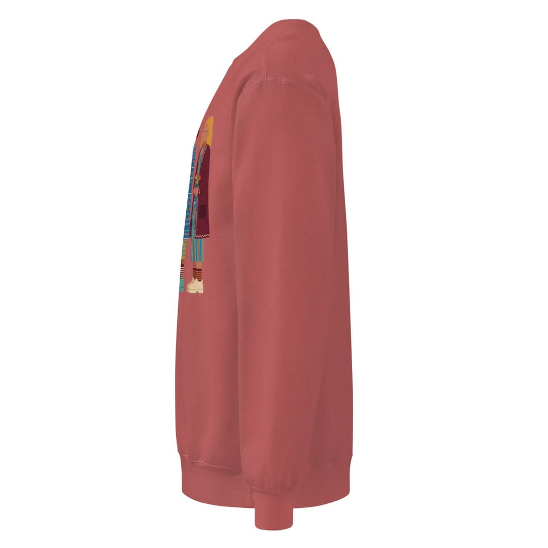 Holiday Handoff™ sweatshirt by Blossombless.co in Crimson, side view: sleeve and relaxed fit profile
