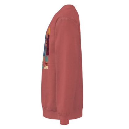 Holiday Handoff™ sweatshirt by Blossombless.co in Crimson, side view: sleeve and relaxed fit profile