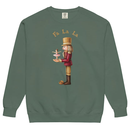 Pas de Deux™ Nutcracker ballet Christmas sweatshirt in Blue Spruce, front: a painterly nutcracker holding a tiny ballerina under gold Fa La La