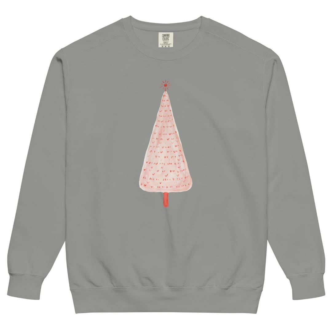Pink Pine™ sweatshirt by Blossombless.co in Grey, front view: a slim blush-pink Christmas tree with a painterly texture, tiny red marks and a small red star