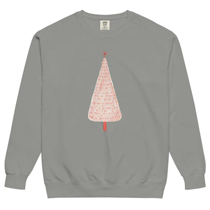 Pink Pine™ sweatshirt by Blossombless.co in Grey, front view: a slim blush-pink Christmas tree with a painterly texture, tiny red marks and a small red star