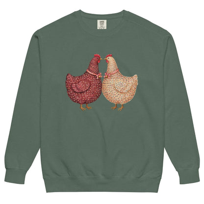 Belle & Plume™ sweatshirt by Blossombless.co in Blue Spruce, front view: two painterly French hens, one burgundy and one cream, beak to beak with striped ribbon bows and tiny gold bells