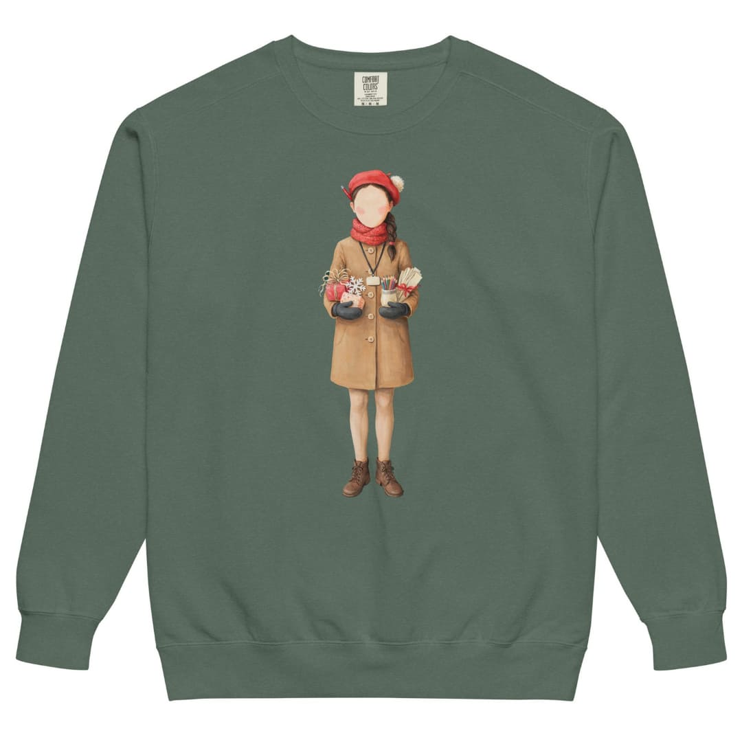 Last Bell Before Break™ sweatshirt by Blossombless.co in Blue Spruce, front view: a painterly teacher in a camel coat and red beret, arms full of her students' handmade gifts