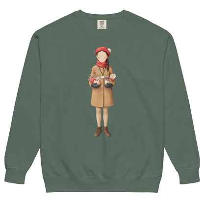 Last Bell Before Break™ sweatshirt by Blossombless.co in Blue Spruce, front view: a painterly teacher in a camel coat and red beret, arms full of her students' handmade gifts