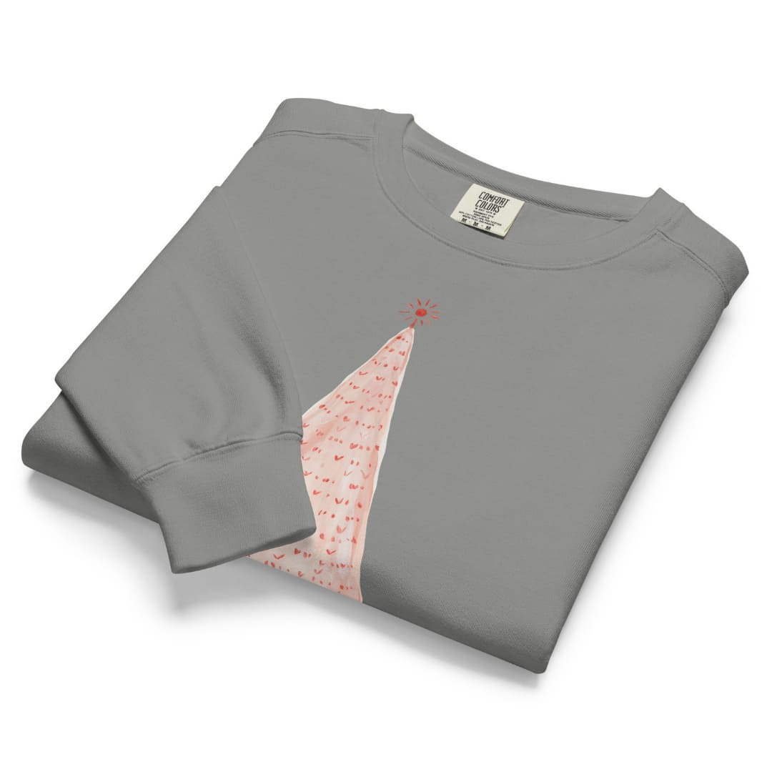 Pink Pine™ sweatshirt by Blossombless.co in Grey, folded to show the heavyweight fleece and the painted pink tree graphic