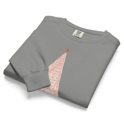 Pink Pine™ sweatshirt by Blossombless.co in Grey, folded to show the heavyweight fleece and the painted pink tree graphic