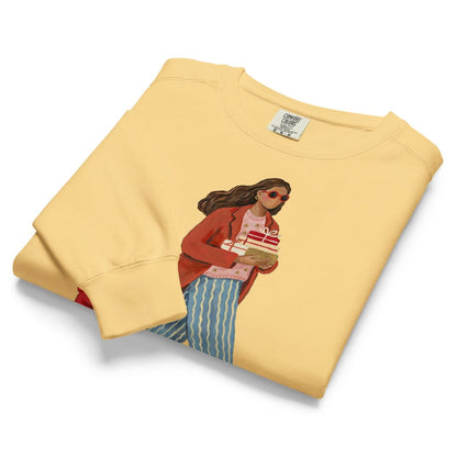 Wrapped & Running™ sweatshirt by Blossombless.co in Butter, folded to show the heavyweight fleece and the painterly mom and child graphic