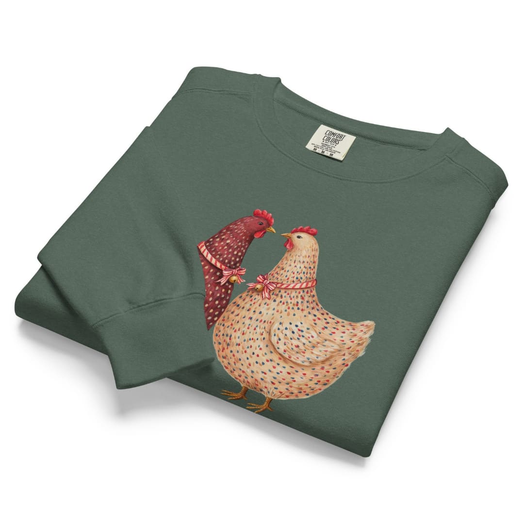 Belle & Plume™ sweatshirt by Blossombless.co in Blue Spruce, folded to show the heavyweight fleece and the two French hens graphic