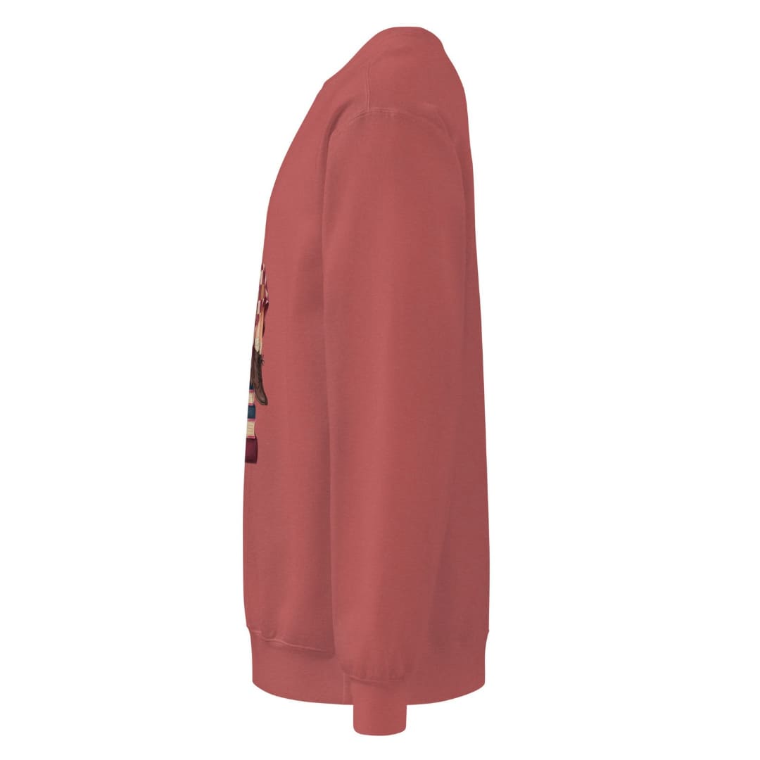 Between Chapters™ sweatshirt by Blossombless.co in Crimson, side view: sleeve and relaxed fit profile