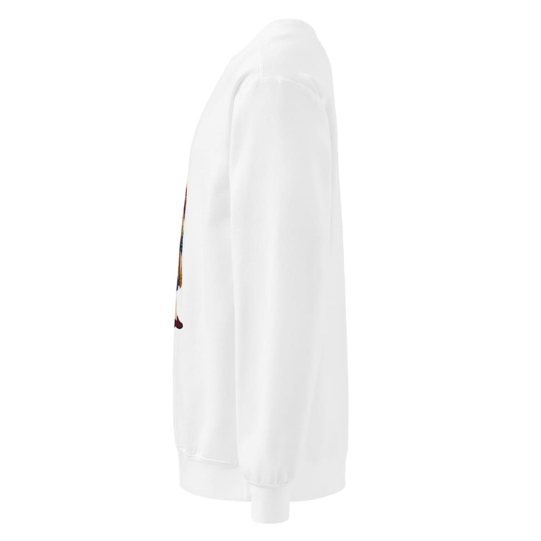 Pieced Together™ sweatshirt by Blossombless.co in White, side view: sleeve and relaxed fit profile