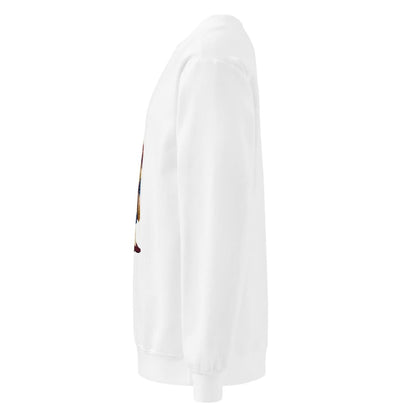 Pieced Together™ sweatshirt by Blossombless.co in White, side view: sleeve and relaxed fit profile