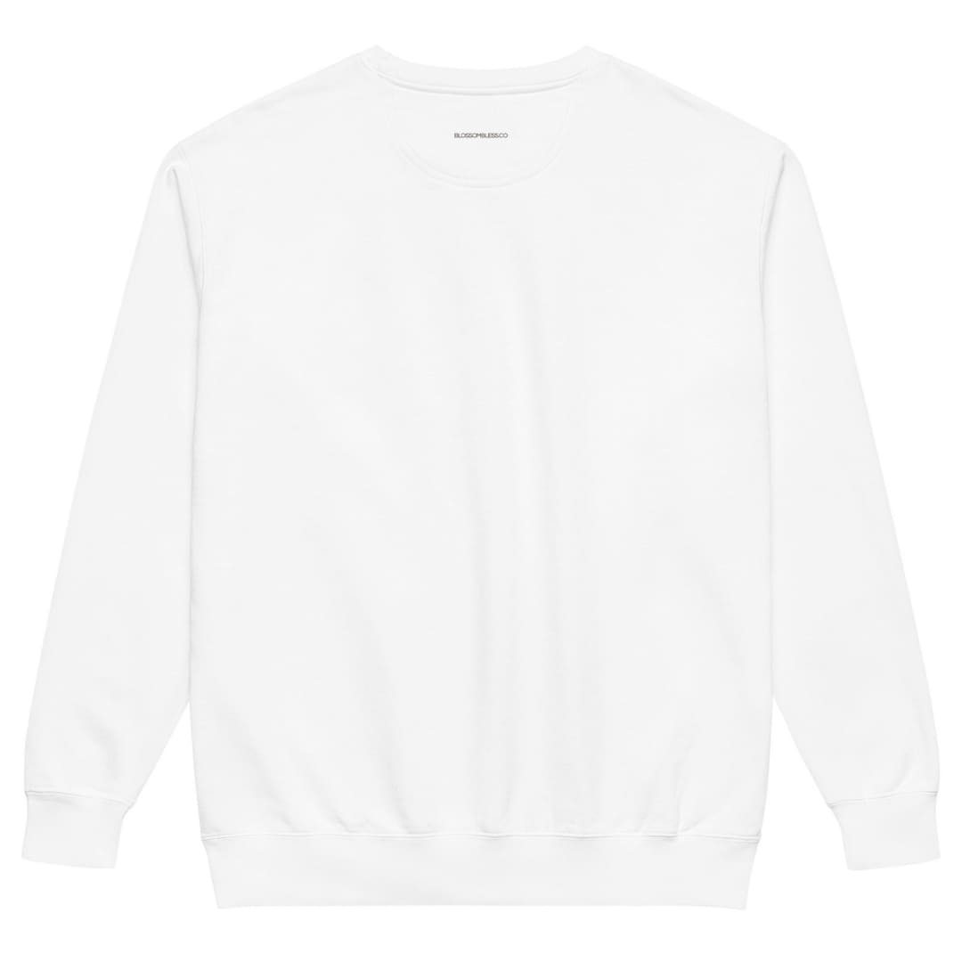 Between Chapters™ sweatshirt by Blossombless.co in White, back view: plain back with a small BLOSSOMBLESS.CO print at the neck
