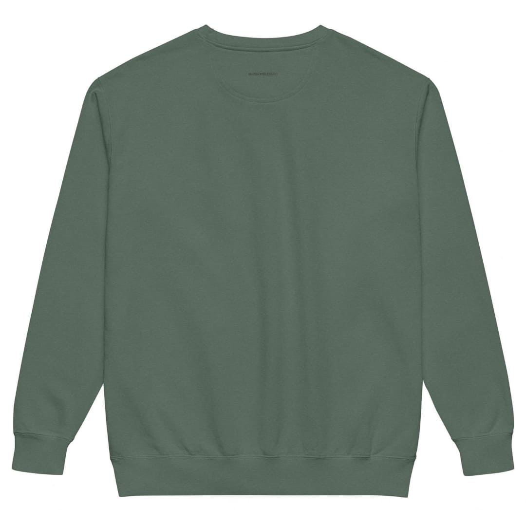 Holiday Muse™ sweatshirt by Blossombless.co in Blue Spruce, back view with BLOSSOMBLESS.CO printed below the neckline