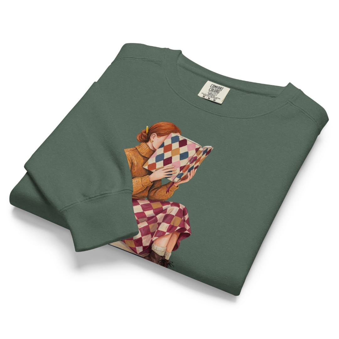 Between Chapters™ sweatshirt by Blossombless.co in Blue Spruce, folded to show the heavyweight fleece and the painterly reading graphic